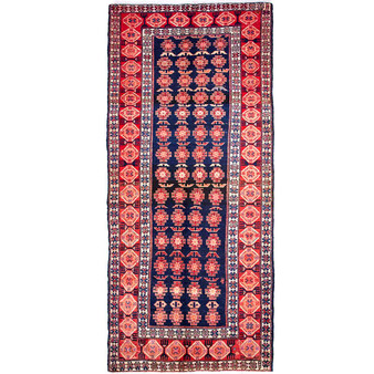 Meshkin Persian Rug 10x4 ft - Semi Antique Geometric Crimson, Green Hand Knotted | front view | SKU 112980