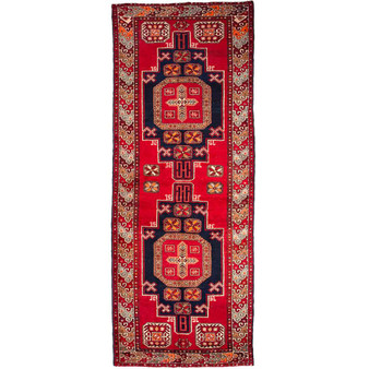 Ardabil Persian Rug 10x4 ft - Semi Antique Medallion (Toranj), Geometric Red, Navy Blue, Cream Hand Knotted | front view | SKU 112984