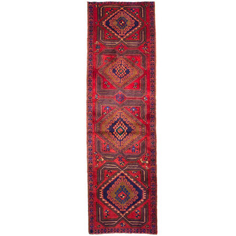 Azerbaijan Persian Rug 9x2 ft - Semi Antique Medallion Red, Navy Blue, Orange Hand Knotted | front view | SKU 112986