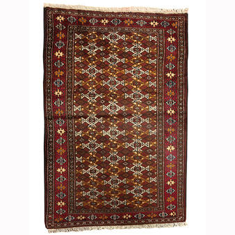 Turkmen Persian Rug 4x2 ft - Semi Antique Geometric Crimson, Navy Blue Hand Knotted | front view | SKU 110151