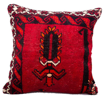 Ferdows Persian Rug 1x1 ft - Semi Antique Geometric, Tribal and Nomadic Red, Black, Orange Hand Knotted | front view | SKU 113047