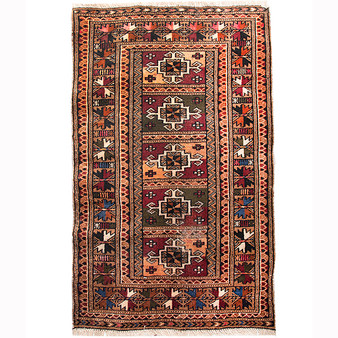 Turkmen Persian Rug 3'11" x 2'6" - Semi Antique Geometric Crimson, Navy Blue Hand Knotted | front view | SKU 110152