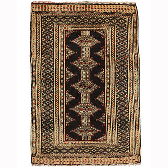 Turkmen Persian Rug 3x2 ft - Semi Antique Geometric, Tribal and Nomadic Black, Camel, Cream Hand Knotted | front view | SKU 110153