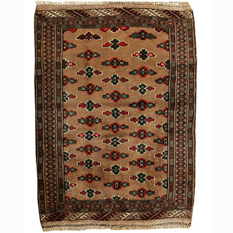 Turkmen Persian Rug 3'9" x 2'9" - Semi Antique Geometric Crimson, Navy Blue Hand Knotted | front view | SKU 110155