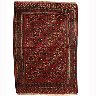 Turkmen Persian Rug 4x2 ft - Semi Antique Geometric Crimson, Navy Blue Hand Knotted | front view | SKU 110156