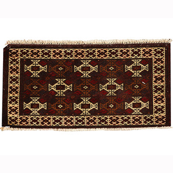 Turkmen Persian Rug 2'8" x 1'4" - Semi Antique Geometric Crimson, Navy Blue Hand Knotted | front view | SKU 110158