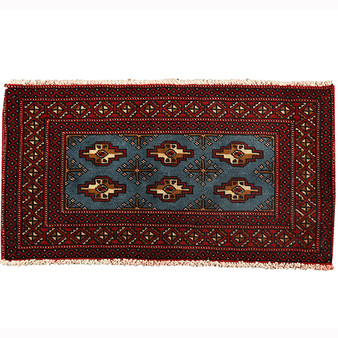 Turkmen Persian Rug 3'1" x 1'8" - Semi Antique Geometric Crimson, Navy Blue Hand Knotted | front view | SKU 110160