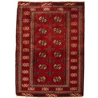 Turkmen Persian Rug 2x1 ft - Semi Antique Geometric Crimson, Navy Blue Hand Knotted | front view | SKU 110163