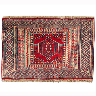 Turkmen Persian Rug 3'1" x 1'12" - Semi Antique Geometric Crimson, Navy Blue Hand Knotted | front view | SKU 110169