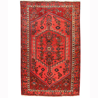 Zanjan Persian Rug 6x4 ft - Semi Antique Medallion Navy Blue, Crimson Hand Knotted | front view | SKU 110201