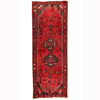 Zanjan Persian Rug 9x3 ft - Semi Antique Medallion (Toranj), Herati (Mahi) Crimson, Dark Red, Navy Blue Hand Knotted | front view | SKU 110202