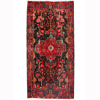 Nahavand Persian Rug 10x5 ft - Semi Antique Medallion Navy Blue, Red Hand Knotted | front view | SKU 110203