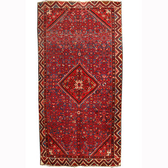 Hamadan Persian Rug 9'8" x 4'10" - Semi Antique Afshan Red, Blue Hand Knotted | front view | SKU 110204