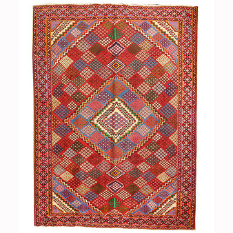 Mahabad Persian Rug 9x6 ft - Semi Antique Diamond Lattice, Geometric Madder Red, Blue, Ivory Hand Knotted | front view | SKU 110205