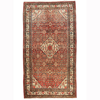 Hamadan Persian Rug 9'12" x 5'7" - Semi Antique Afshan Red, Blue Hand Knotted | front view | SKU 110206