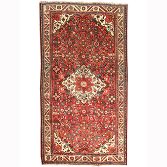 Hamadan Persian Rug 9x5 ft - Semi Antique Medallion (Toranj), Herati (Mahi) Madder Red, Cream, Navy Blue Hand Knotted | front view | SKU 110207