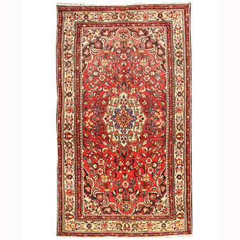 Hamadan Persian Rug 9x5 ft - Semi Antique Medallion (Toranj), Herati (Mahi) Madder Red, Cream, Navy Blue Hand Knotted | front view | SKU 110208