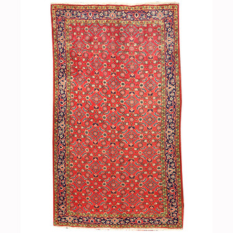 Tabriz Persian Rug 9x5 ft - Semi Antique Diamond Lattice, Afshan (All-Over) Madder Red, Navy Blue, Cream Hand Knotted | front view | SKU 110209
