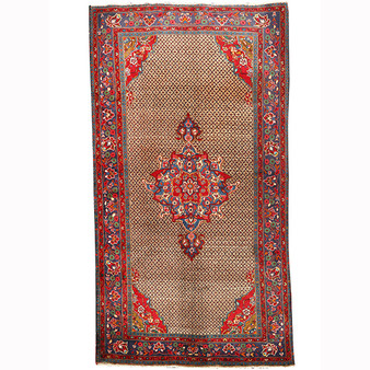 Kurdish Persian Rug 10x5 ft - Semi Antique Medallion Red, Blue Hand Knotted | front view | SKU 110210