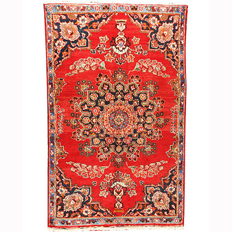 Zanjan Persian Rug 6x3 ft - Semi Antique Medallion Navy Blue, Crimson Hand Knotted | front view | SKU 110211
