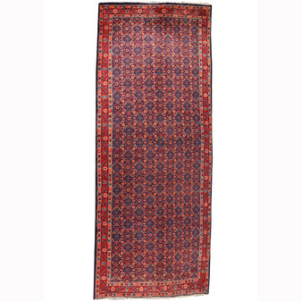 Arak Persian Rug 9x3 ft - Semi Antique Herati (Mahi), Afshan (All-Over) Dark Red, Navy Blue, Crimson Hand Knotted | front view | SKU 110212