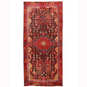 Nahavand Persian Rug 11'3" x 4'12" - Semi Antique Medallion Navy Blue, Red Hand Knotted | front view | SKU 110213