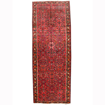 Hamadan Persian Rug 10x3 ft - Semi Antique Herati (Mahi), Afshan (All-Over) Madder Red, Navy Blue, Cream Hand Knotted | front view | SKU 110215