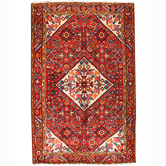 Borchelu Persian Rug 7x4 ft - Semi Antique Medallion Camel, Blue Hand Knotted | front view | SKU 110216