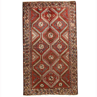 Shiraz Persian Rug 9x5 ft - Semi Antique Diamond Lattice, Geometric Madder Red, Cream, Brown Hand Knotted | front view | SKU 110219