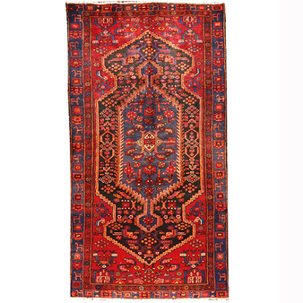 Zanjan Persian Rug 8'10" x 4'7" - Semi Antique Medallion Navy Blue, Crimson Hand Knotted | front view | SKU 110222