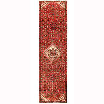 Hamadan Persian Rug 10x2 ft - Semi Antique Herati (Mahi), Diamond Lattice Madder Red, Cream, Navy Blue Hand Knotted | front view | SKU 110223