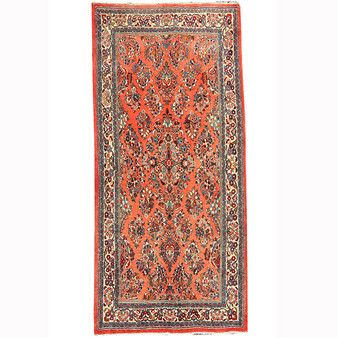 Sarouk Persian Rug 10'0" x 4'7" - Semi Antique Medallion Red, Blue Hand Knotted | front view | SKU 110224