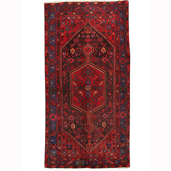 Zanjan Persian Rug 9x4 ft - Semi Antique Medallion Toranj, Herati Mahi Dark Red, Navy Blue, Crimson Hand Knotted | front view | SKU 110226