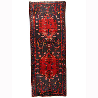 Lori Persian Rug 13x4 ft - Semi Antique Geometric Red, Brown Hand Knotted | front view | SKU 110227
