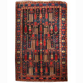 Kurdish Persian Rug 8x5 ft - Semi Antique Kheshti (Garden), Geometric Navy Blue, Madder Red, Cream Hand Knotted | front view | SKU 110228