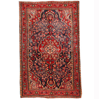 Jozan Persian Rug 9'6" x 5'10" - Semi Antique Medallion Red, Blue Hand Knotted | front view | SKU 110230