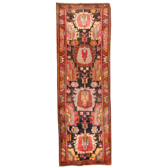 Sarab Persian Rug 12'10" x 3'10" - Semi Antique Medallion Camel, Blue Hand Knotted | front view | SKU 110232