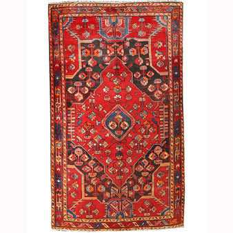 Zanjan Persian Rug 7x4 ft - Semi Antique Medallion Navy Blue, Crimson Hand Knotted | front view | SKU 110237