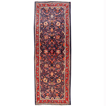 Mahal Persian Rug 10x3 ft - Semi Antique Eslimi (Arabesque) Navy Blue, Madder Red, Cream Hand Knotted | front view | SKU 110240