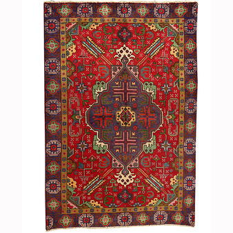 Tabriz Persian Rug 6x4 ft - Semi Antique Medallion Geometric Madder Red, Navy Blue, Cream Hand Knotted | front view | SKU 110245