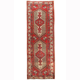 Ardabil Persian Rug 10x3 ft - Semi Antique Medallion Turquoise, White Hand Knotted | front view | SKU 110247
