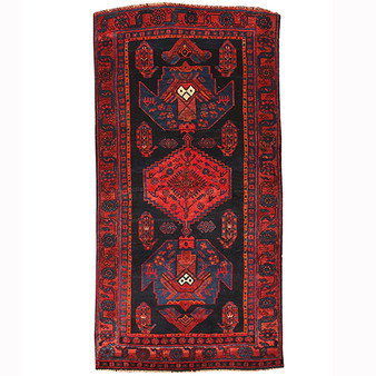 Bijar Persian Rug 7x3 ft - Semi Antique Medallion Crimson, Navy Blue Hand Knotted | front view | SKU 110250