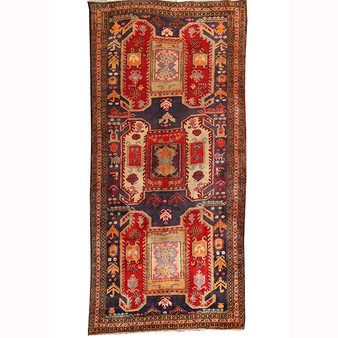 Ardabil Persian Rug 9x4 ft - Semi Antique Medallion Toranj, Geometric Madder Red, Navy Blue, Cream Hand Knotted | front view | SKU 110253