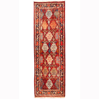 Hamadan Persian Rug 10'9" x 3'7" - Semi Antique Afshan Red, Blue Hand Knotted | front view | SKU 110287