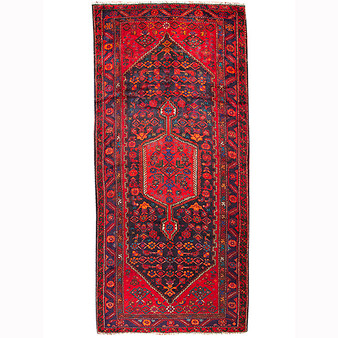Zanjan Persian Rug 10x4 ft - Semi Antique Medallion Navy Blue, Crimson Hand Knotted | front view | SKU 110289