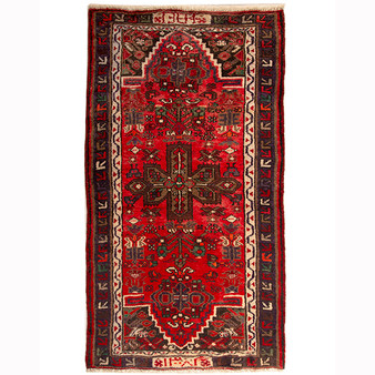 Zanjan Persian Rug 4x2 ft - Semi Antique Medallion Navy Blue, Crimson Hand Knotted | front view | SKU 110290