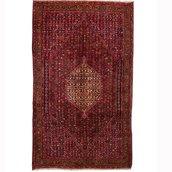 Zanjan Persian Rug 10x5 ft - Semi Antique Medallion (Toranj), Herati (Mahi) Dark Red, Madder Red, Navy Blue Hand Knotted | front view | SKU 110291