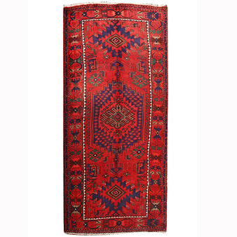 Zanjan Persian Rug 8'3" x 4'7" - Semi Antique Medallion Navy Blue, Crimson Hand Knotted | front view | SKU 110294