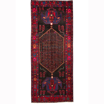 Bijar Persian Rug 12'4" x 4'11" - Semi Antique Medallion Crimson, Navy Blue Hand Knotted | front view | SKU 110301