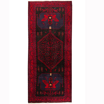 Bijar Persian Rug 13x5 ft - Semi Antique Medallion (Toranj), Geometric Dark Red, Black, Crimson Hand Knotted | front view | SKU 110302